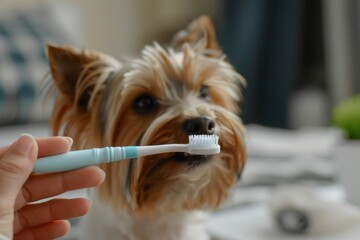Woman holding toothbrush with toothpaste dog in background