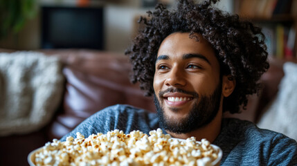 Naklejka premium Enjoying a cozy movie night at home with popcorn on a comfortable couch. Generative AI