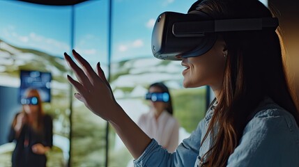 Woman Experiencing Immersive Virtual Reality Landscape