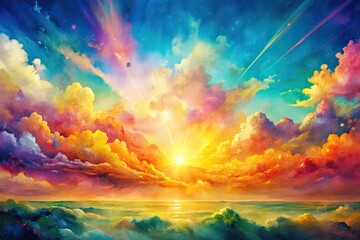 Colorful Abstract Watercolor Sunset Sky with Puffy Clouds - Vibrant Pink, Yellow, Orange, and Green Background for Artistic and Nature Themes