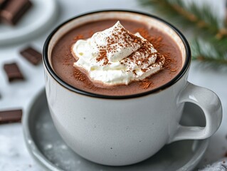 A mug of rich, creamy hot chocolate topped with whipped cream and cocoa powder, perfect for a cozy winter day.