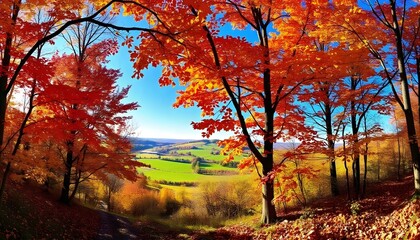 Obraz premium The image presents a beautiful autumn landscape featuring a panoramic view of a vibrant forest path. On either side of the path, trees display a stunning array of fall colors, with leaves in shades of