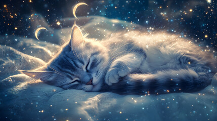 A Mystical Lunar Cat Resting on a Silver Moonbeam Adorned with Glowing Crescent Marks Surrounded by Shimmering Stars