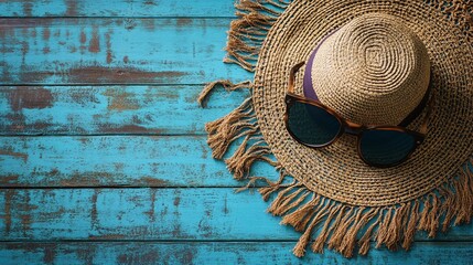Tropical beach accessories--hat and sunglasses on blue plank, set against sandy beach and wooden table, evoking vacation vibes and travel spirit.