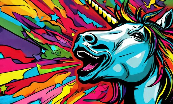 crazy colorful unicorn on rainbow background illustrated animation
