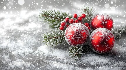 Snowy Christmas ornaments and pine.