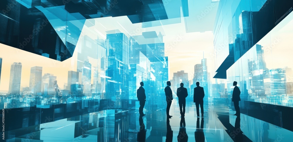 Poster Silhouetted figures in a futuristic urban environment with transparent structures.