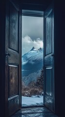 A wooden door opens to reveal a stunning snowy mountain landscape under a moody sky.