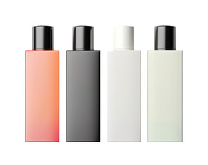 Four rectangular cosmetic bottles with sleek black and white caps. Isolated cutout on transparent or white background.