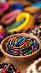 Vibrant Colorful Wooden Beaded Bracelets in Wooden Bowl