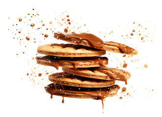 Stacked caramel cookies. Stack of cookies dripping with caramel sauce, surrounded by splashes and crumbs. Isolated cutout on transparent or white background.