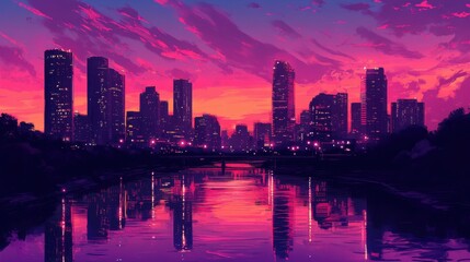 Obraz premium twilight view of urban skyline, silhouettes of high-rise towers against vibrant pink sky, glowing reflections on river, peaceful evening vibe