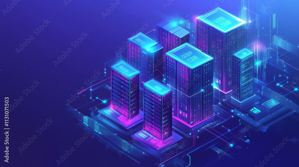 Poster data center, server room or database cloud storage blue vector background. technology network in dat