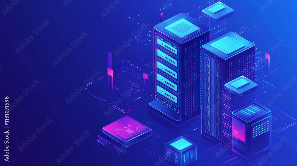 Poster data center, server room or database cloud storage blue vector background. technology network in dat