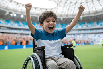 joyful child in wheelchair celebrates victory at sports event, raising his arms in excitement. stadium is filled with cheering fans, creating vibrant atmosphere