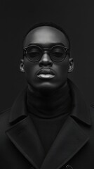 Black man model wearing vintage-inspired luxury eyeglasses, classic trench coat, moody monochrome tones, deep shadows enhancing mystery and sophistication