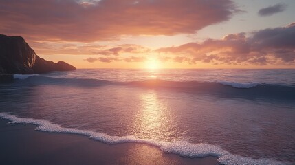 Obraz premium Sunset Over Ocean Waves with Rocky Shoreline and Soft Reflections, Perfect for Coastal Wall Art, Relaxation Themes, Nature Wallpapers, Travel Promotions, and Romantic Beach Scenery