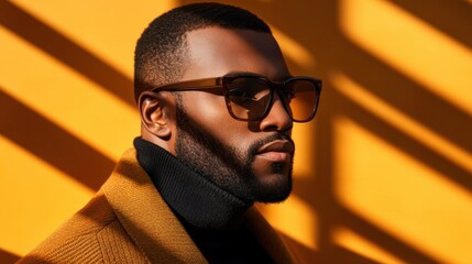 Black man model wearing modern rectangular luxury eyeglasses, upscale indoor environment, warm golden lighting, poised stance radiating charisma