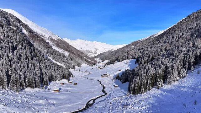Aerial view of the Winter scenery in the European Alps, Grisons, Switzerland