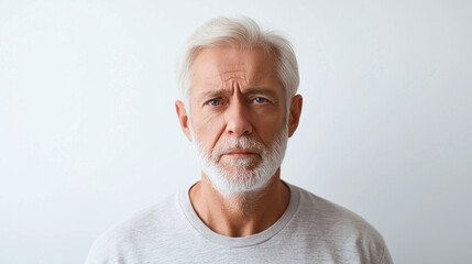 Obraz premium senior man with gray hair and beard looks thoughtfully at camera, conveying sense of wisdom and experience. His expression reflects contemplation against neutral background