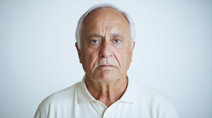 Obraz premium Serious senior man with gray hair wearing white polo shirt, expressing deep emotions against plain background