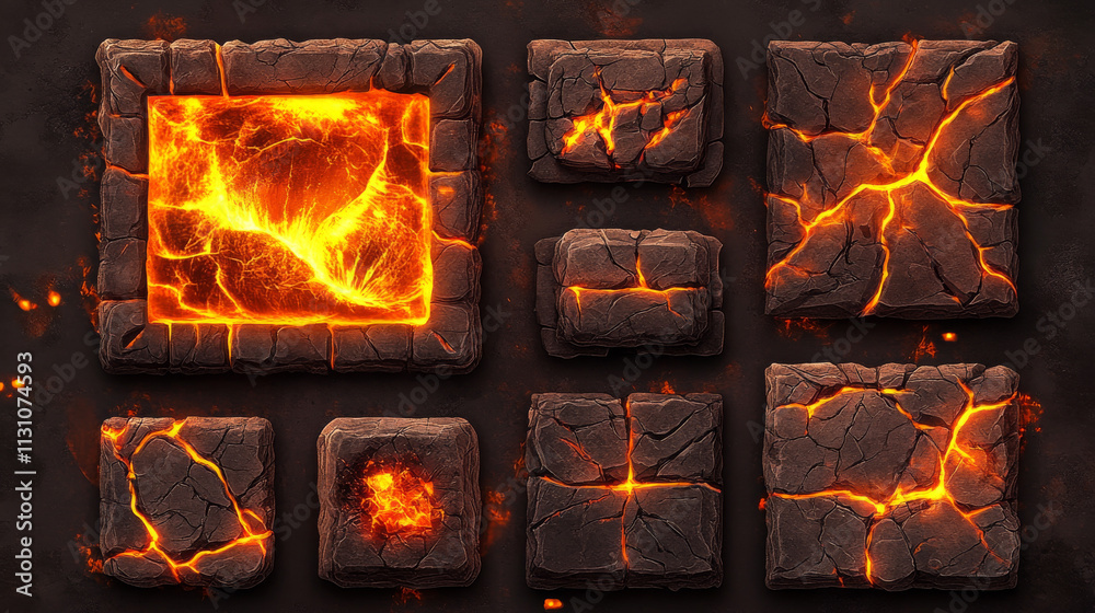 Aufkleber lava stone ui game frame and volcanic button vector. volcano eruption board with magma texture and f