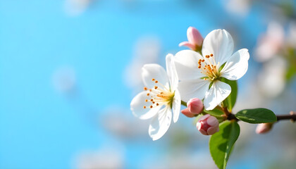 The image features a cluster of delicate white flowers with soft petals and vibrant orange centers, set against a clear blue sky. The flowers are accompanied by budding pink blooms and green leaves
