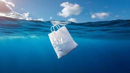plastic bag floats in ocean, highlighting pollution and environmental issues. clear blue water contrasts with white bag, emphasizing impact of waste on marine life