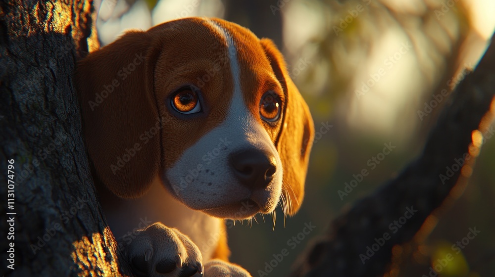 Poster a close-up of a beagle puppy with expressive eyes, nestled against a tree in soft light.