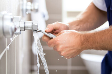 Plumber fixing pipe with wrench, water flowing from joint. scene captures essential work of plumbing, showcasing hands on skills required for repairs