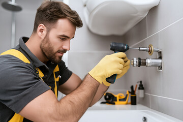 Professional plumber working on sink, using drill to fix plumbing issues. focused expression and tools highlight importance of skilled labor in home maintenance