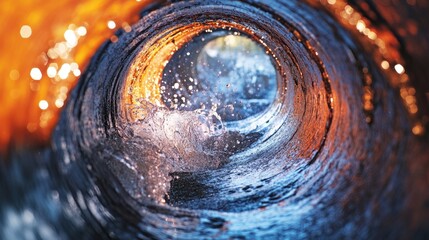 Internal view of pipe during flushing, water rushing inside metallic structure, corrosion removal concept, vivid textures, close-up detailing, technical focus, high-pressure flow