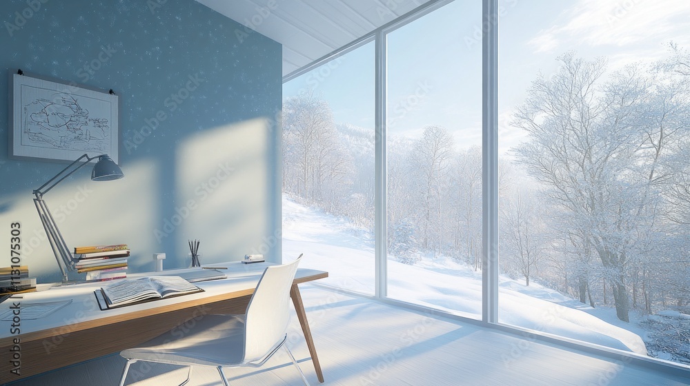 Fototapete a serene winter workspace with a view of snow-covered trees through large windows.