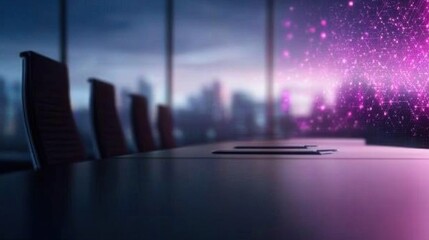 A modern conference room with a sleek table and chairs, illuminated by a vibrant, colorful light display against a city skyline.