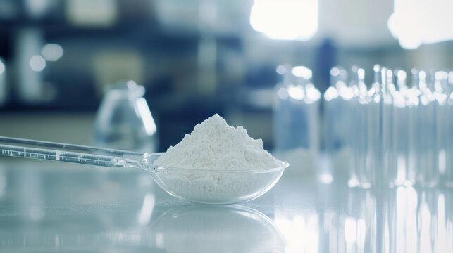 Calcium hydroxide powder in clear measuring spoon, precise quantity, white granular texture, clean laboratory setting, sharp detail, professional chemical scene, ultra-clean backdrop