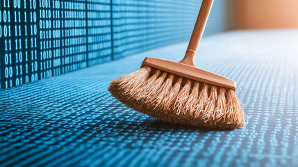 broom sweeping digital floor with binary code, symbolizing data cleaning and organization. image conveys sense of modernity and technology