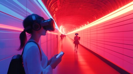 Fototapeta premium Woman Experiencing Virtual Reality in Neon-Lit Tunnel