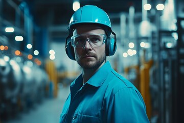 A man wearing a blue shirt and a blue helmet