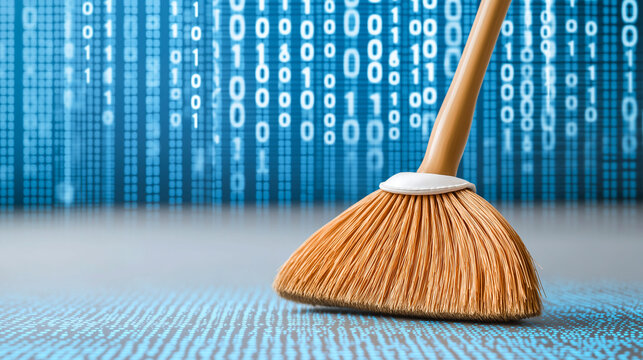broom sweeping digital floor with binary code in background, symbolizing cleaning of data or digital spaces. This evokes sense of order and organization in technology