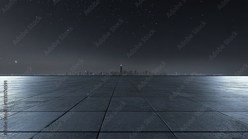 Poster a serene nighttime cityscape with a vast, empty foreground and a distant skyline.