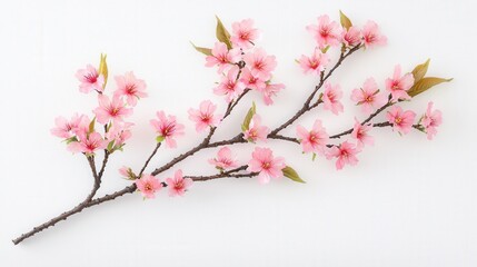 Obraz premium Watercolor texture and vibrancy, A delicate branch of pink cherry blossoms with green leaves, set against a clean white background, symbolizing spring and renewal.