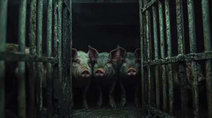 Pig farm interior, confined animals, metal barriers, dirty floors, dark barn, unnatural light, crowded conditions, harsh environment, large-scale production, rural scene