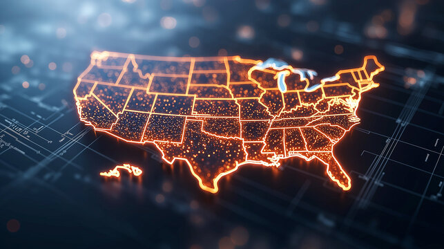 glowing orange map of United States, showcasing intricate details and digital aesthetic. map highlights various states with network of lights, creating modern and vibrant look