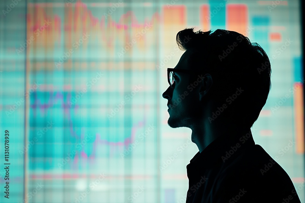 Poster a man is looking at a computer screen with a graph on it