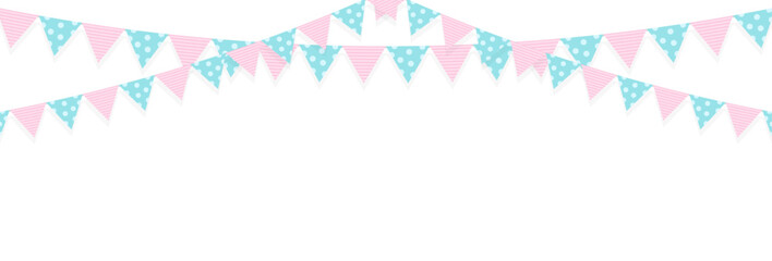 Pastel Colorful Pink And Blue Party Flags On White Background. Celebration Event And Happy Birthday. Multicolored. Vector Illustration. Copy Space