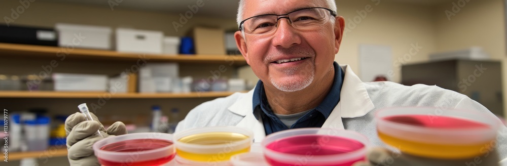 Aufkleber a scientist holds petri dishes filled with colorful substances in a lab setting.