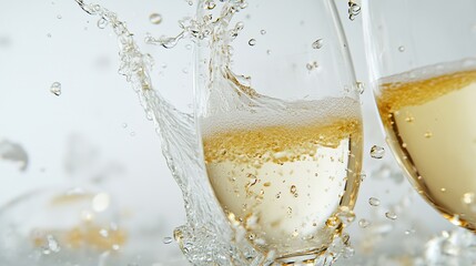 White wine champagne splashing in a glass on white background
