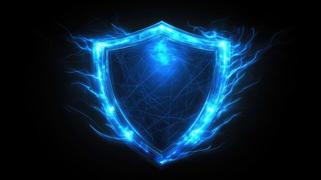 Radiant blue shield with glowing flames.