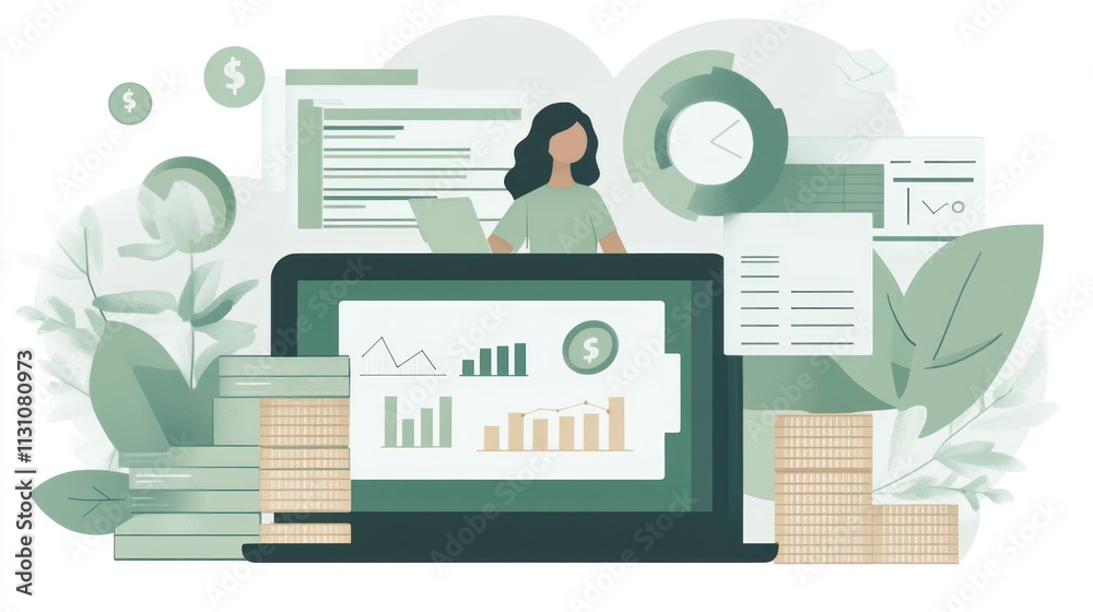 Poster A digital workspace featuring financial data and analytics with a person and greenery.