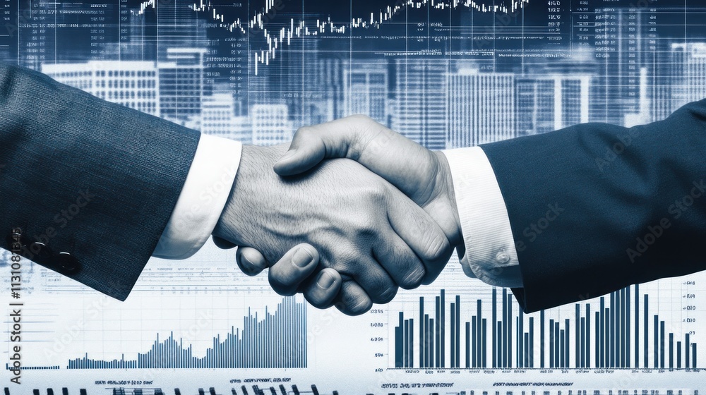 Poster two business professionals shaking hands over a background of financial graphs and data.